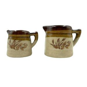 Vintage Stoneware Creamer Crocks Set of 2 Brown Beige Wheat Print Pattern 1970s